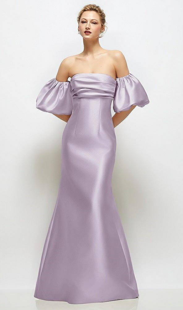 off-the-shoulder puff sleeve satin maxi dress with flared skirt