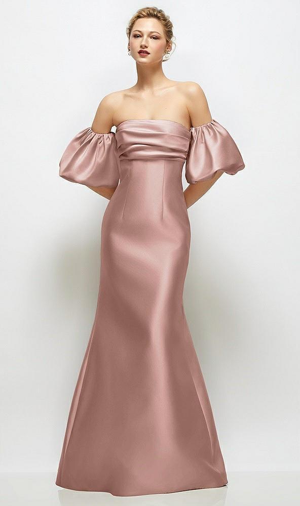 off-the-shoulder puff sleeve satin maxi dress with flared skirt