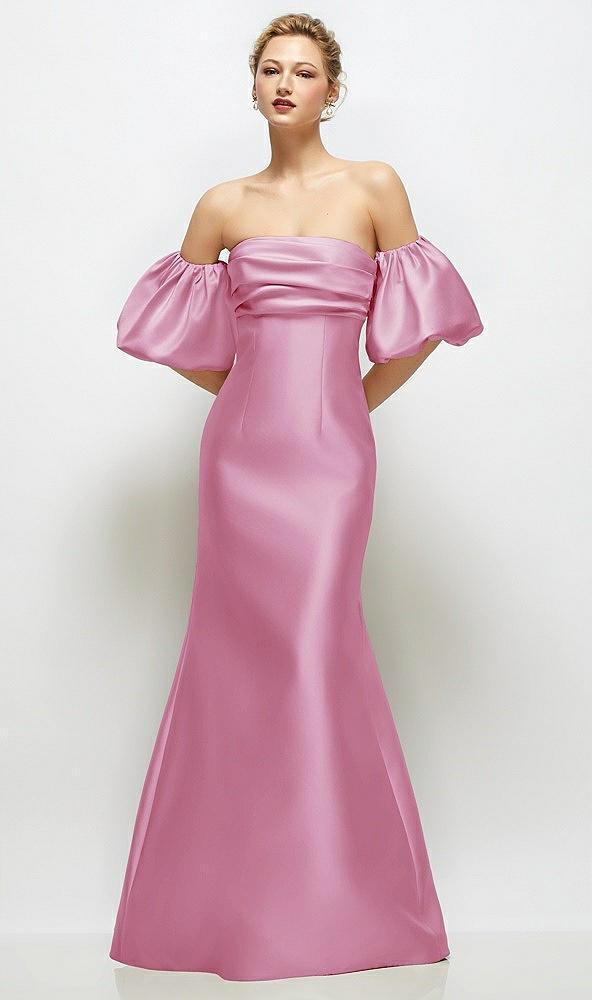 off-the-shoulder puff sleeve satin maxi dress with flared skirt