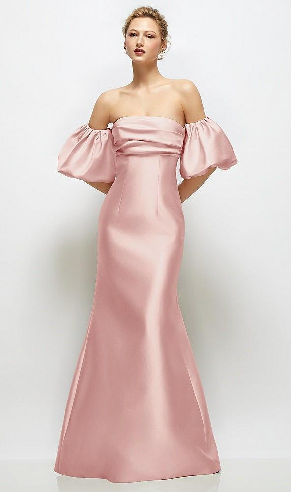 off-the-shoulder puff sleeve satin maxi dress with flared skirt