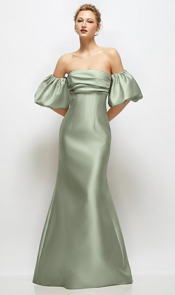 off-the-shoulder puff sleeve satin maxi dress with flared skirt