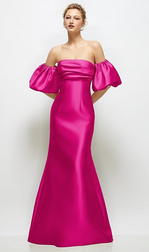 off-the-shoulder puff sleeve satin maxi dress with flared skirt