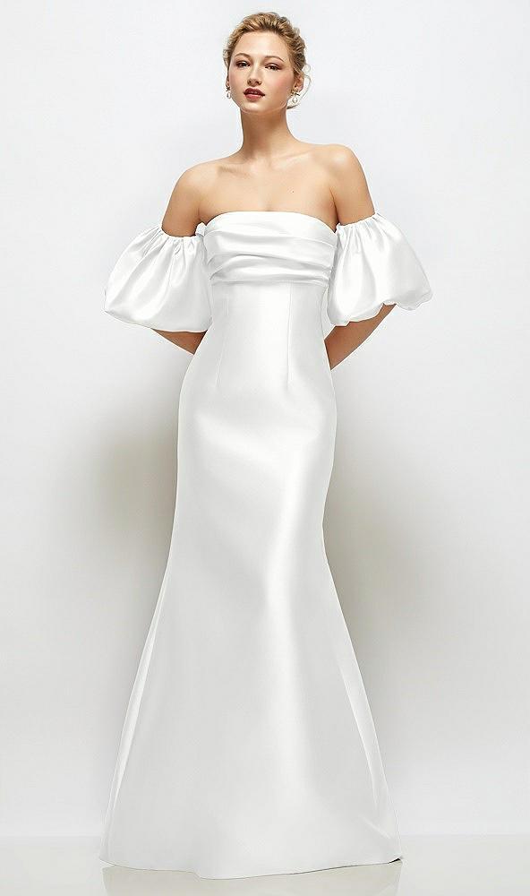 off-the-shoulder puff sleeve satin maxi dress with flared skirt