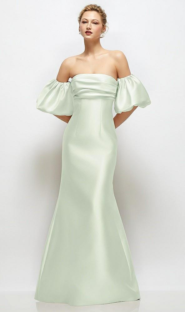 off-the-shoulder puff sleeve satin maxi dress with flared skirt