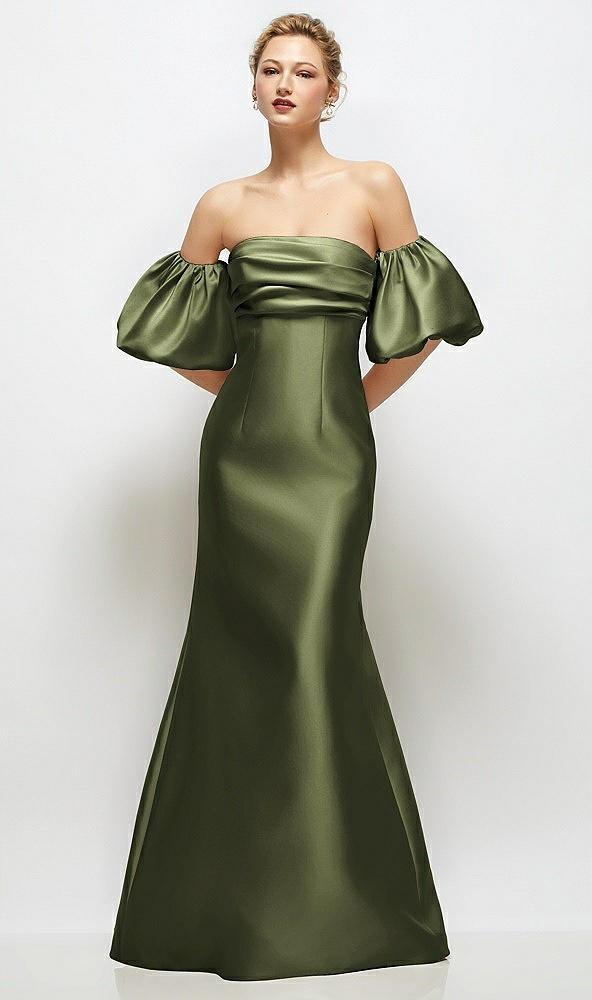 off-the-shoulder puff sleeve satin maxi dress with flared skirt