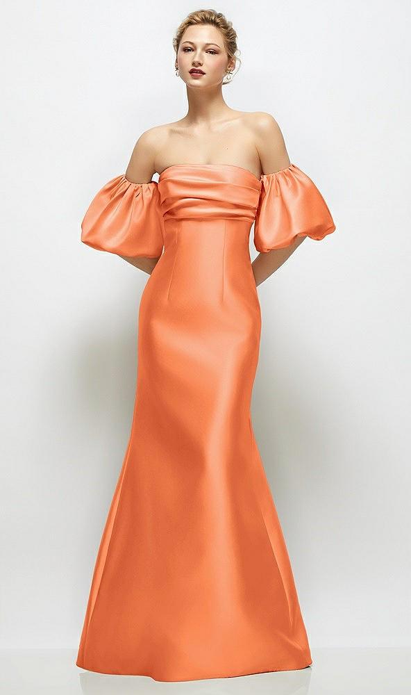 off-the-shoulder puff sleeve satin maxi dress with flared skirt