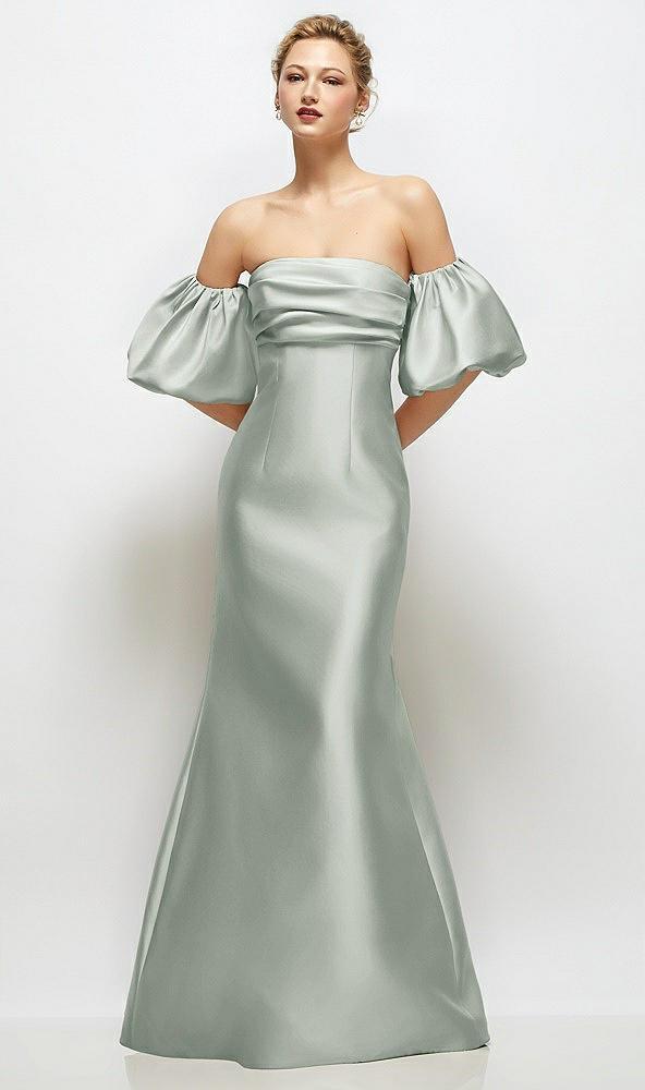 off-the-shoulder puff sleeve satin maxi dress with flared skirt