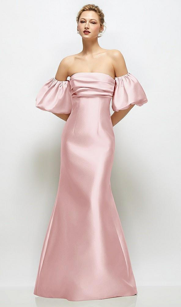 off-the-shoulder puff sleeve satin maxi dress with flared skirt