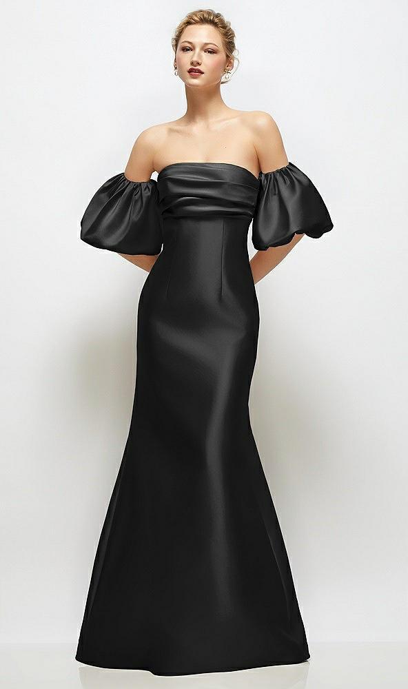 off-the-shoulder puff sleeve satin maxi dress with flared skirt