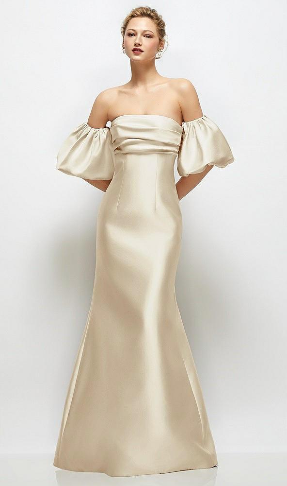 off-the-shoulder puff sleeve satin maxi dress with flared skirt