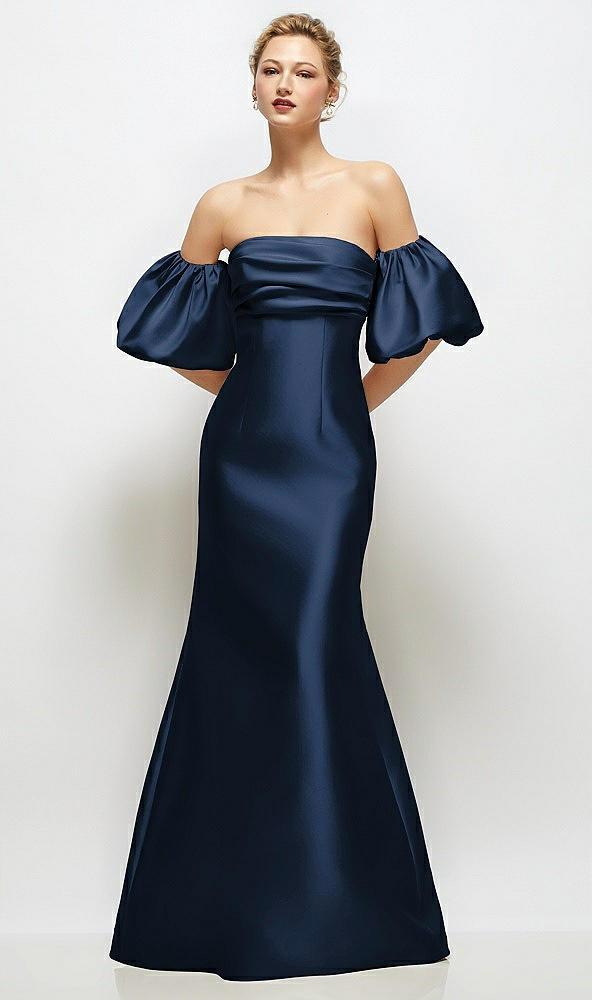 off-the-shoulder puff sleeve satin maxi dress with flared skirt