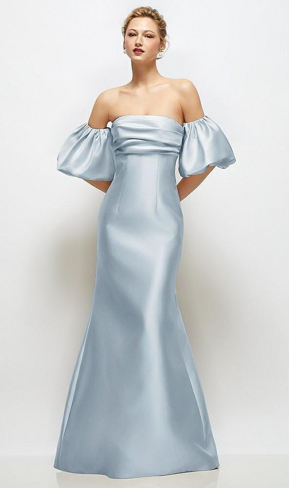 off-the-shoulder puff sleeve satin maxi dress with flared skirt