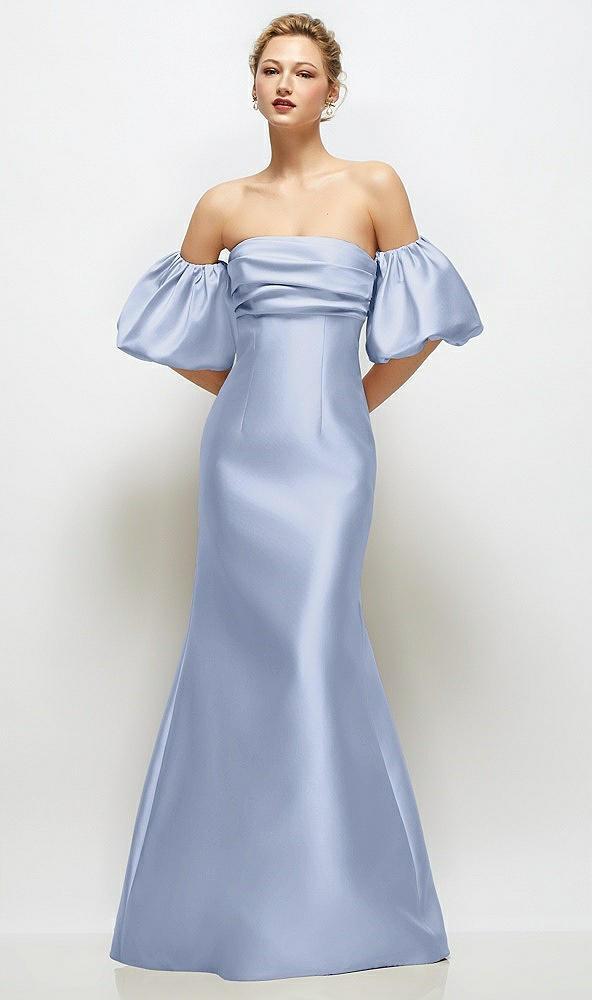 off-the-shoulder puff sleeve satin maxi dress with flared skirt