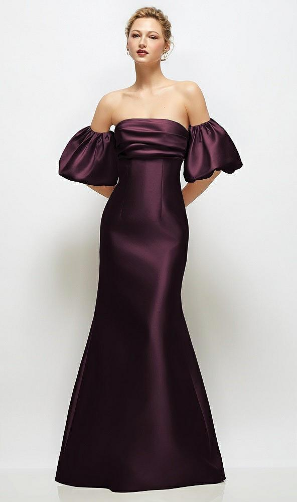 off-the-shoulder puff sleeve satin maxi dress with flared skirt