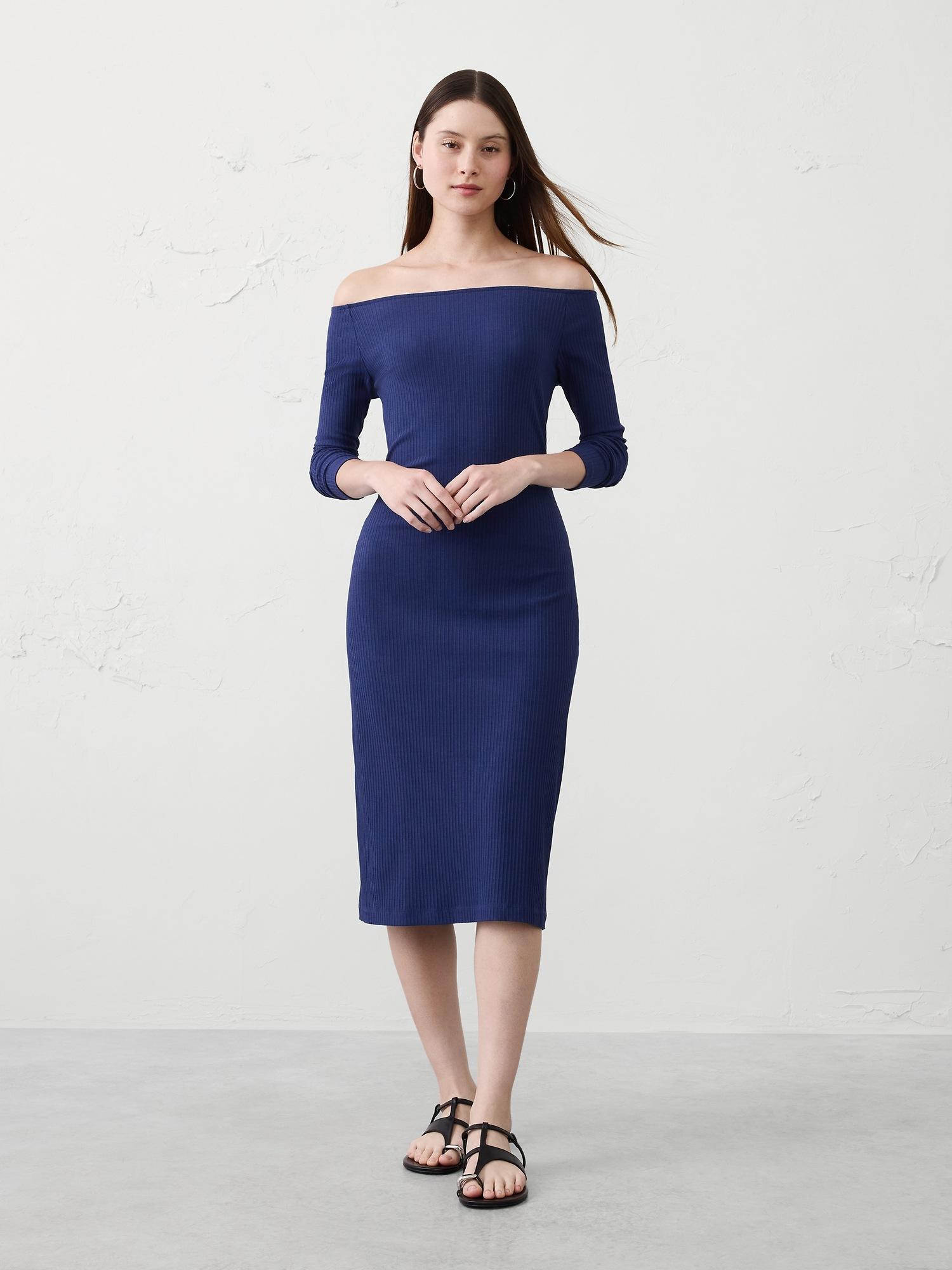 off-the shoulder ribbed midi dress