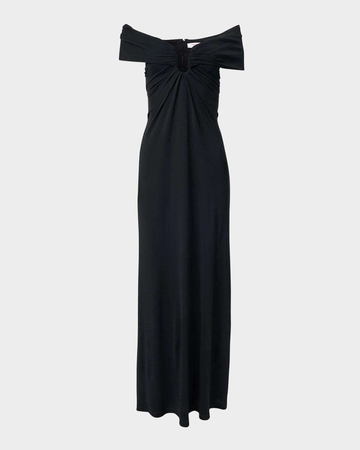 off-the-shoulder ruched gown