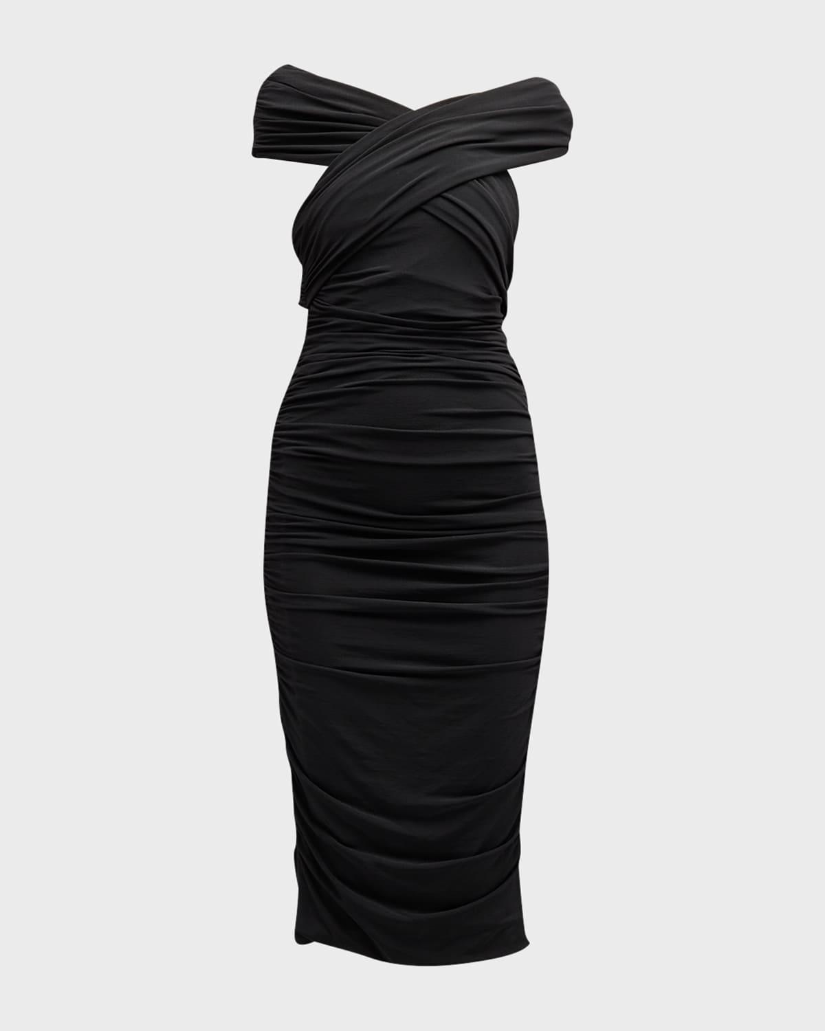 off-the-shoulder ruched jersey midi dress