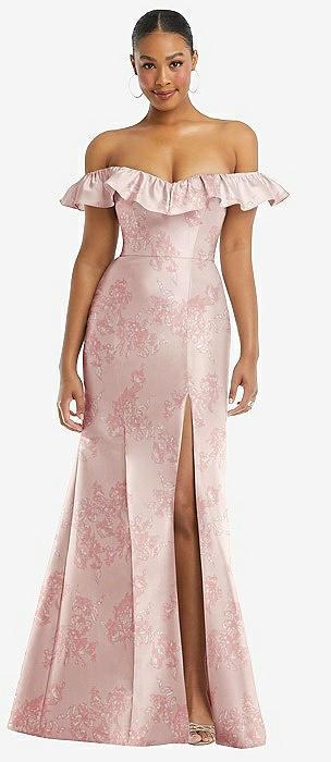 off-the-shoulder ruffle neck floral satin trumpet gown