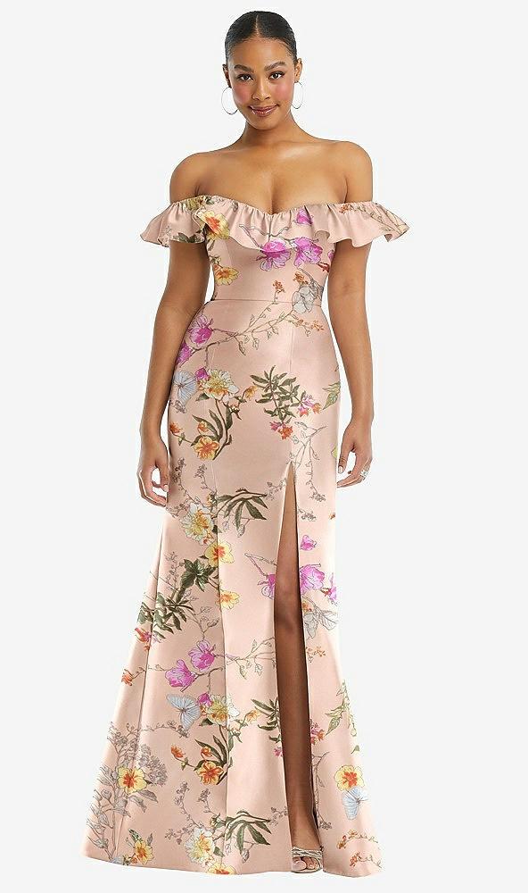 off-the-shoulder ruffle neck floral satin trumpet gown