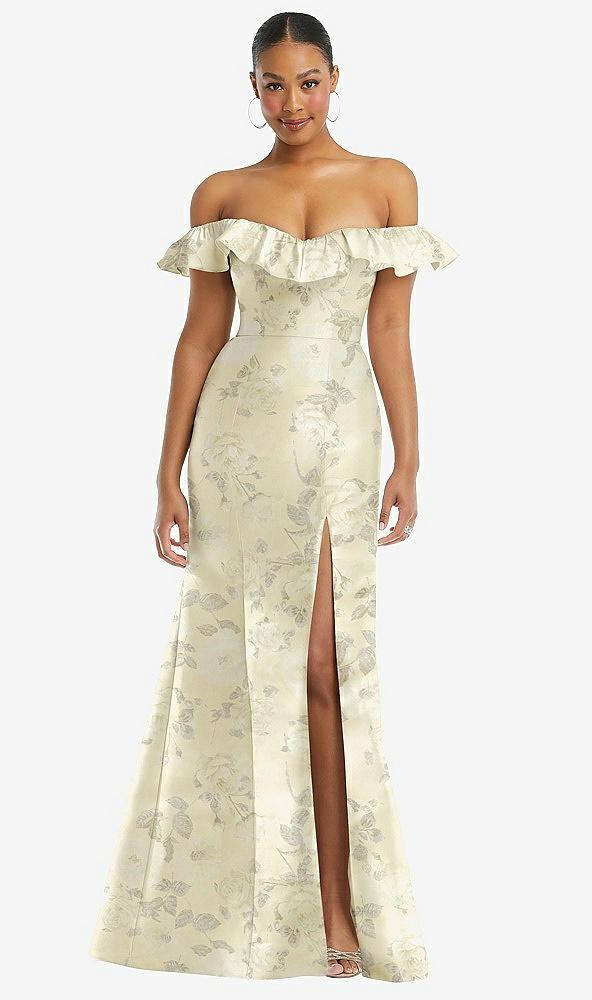 off-the-shoulder ruffle neck floral satin trumpet gown