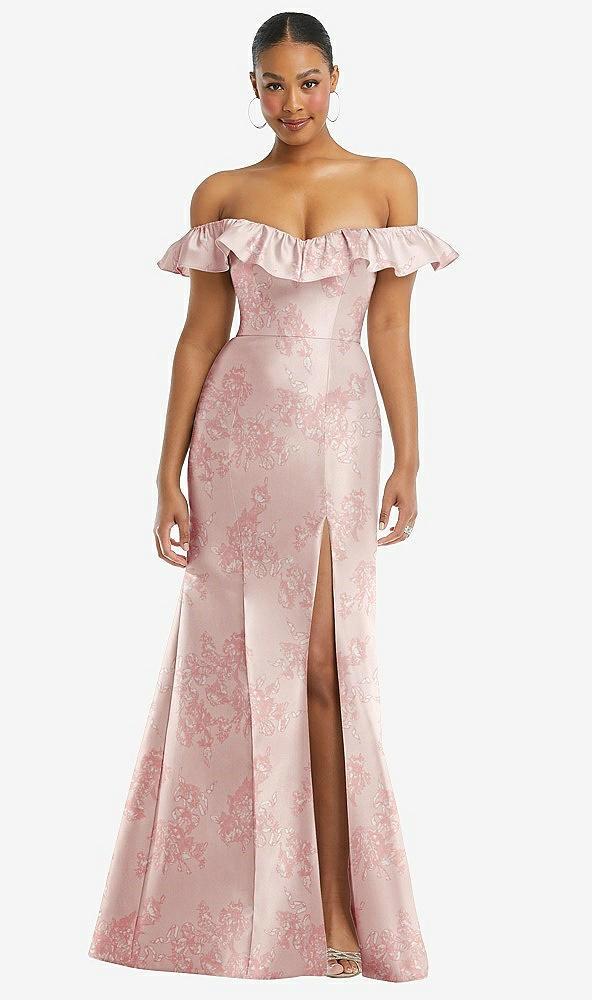off-the-shoulder ruffle neck floral satin trumpet gown