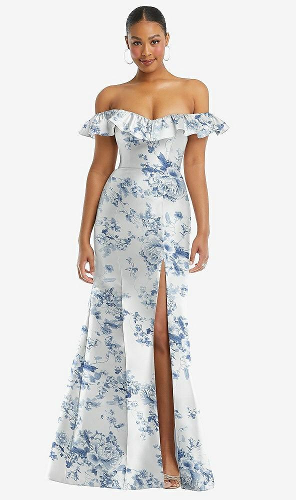off-the-shoulder ruffle neck floral satin trumpet gown