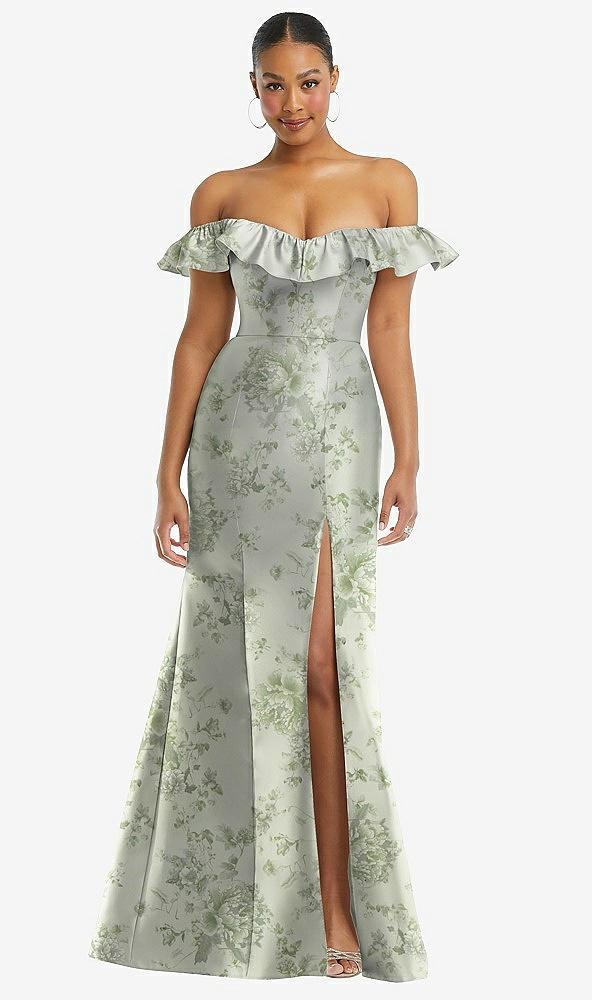 off-the-shoulder ruffle neck floral satin trumpet gown