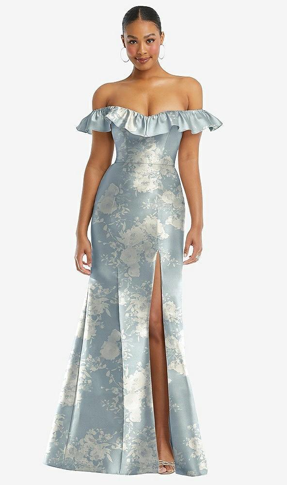 off-the-shoulder ruffle neck floral satin trumpet gown
