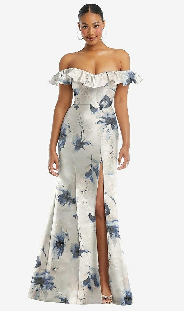 off-the-shoulder ruffle neck floral satin trumpet gown