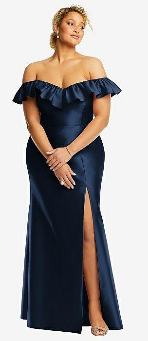 off-the-shoulder ruffle neck satin trumpet gown