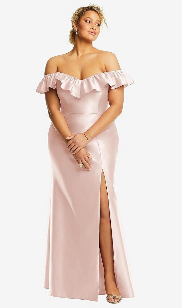 off-the-shoulder ruffle neck satin trumpet gown