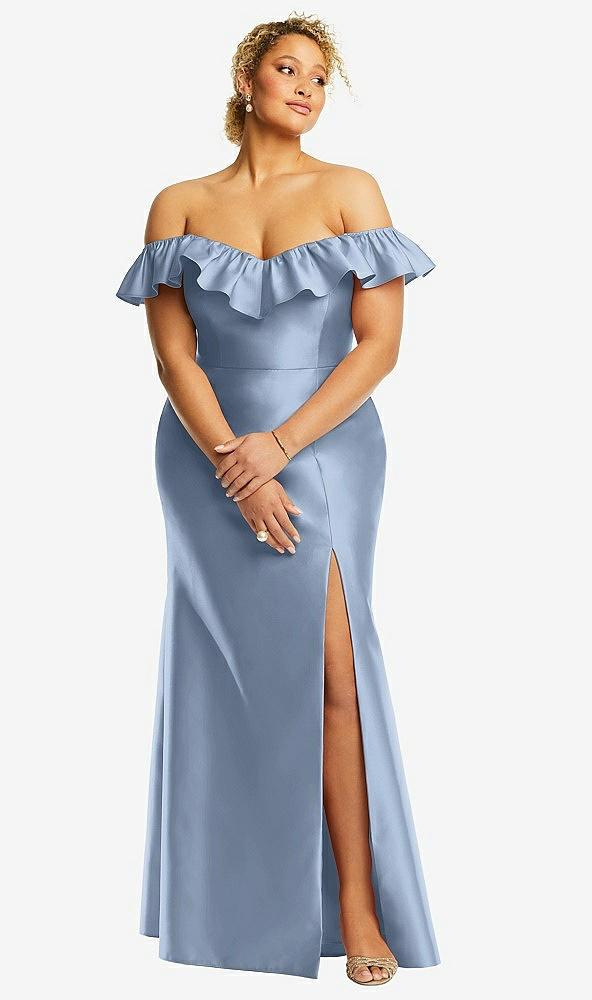 off-the-shoulder ruffle neck satin trumpet gown