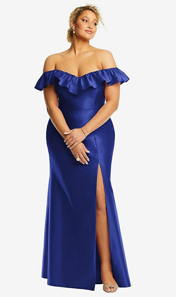 off-the-shoulder ruffle neck satin trumpet gown