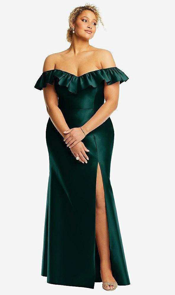 off-the-shoulder ruffle neck satin trumpet gown