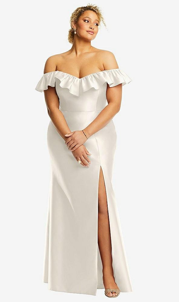 off-the-shoulder ruffle neck satin trumpet gown
