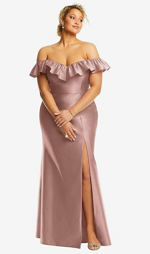 off-the-shoulder ruffle neck satin trumpet gown