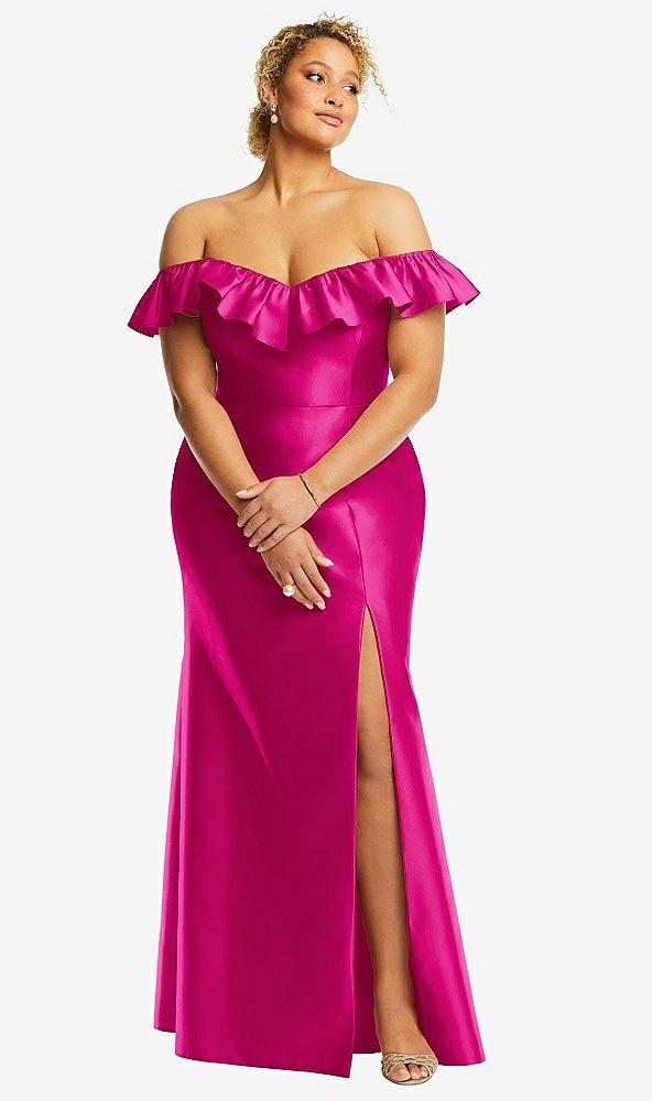 off-the-shoulder ruffle neck satin trumpet gown
