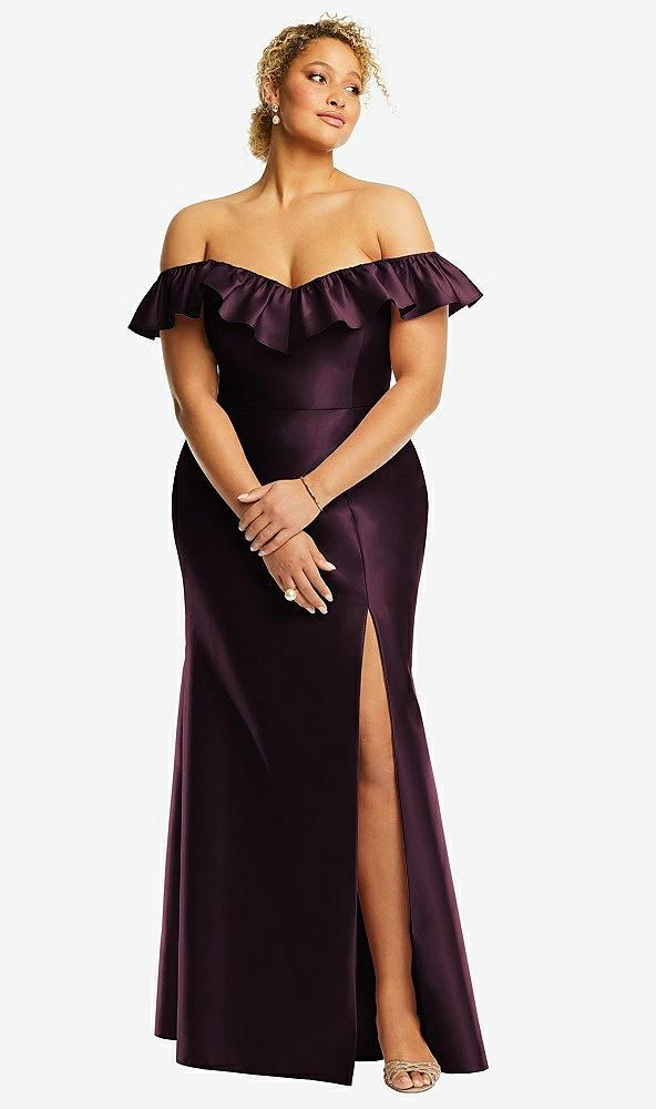 off-the-shoulder ruffle neck satin trumpet gown