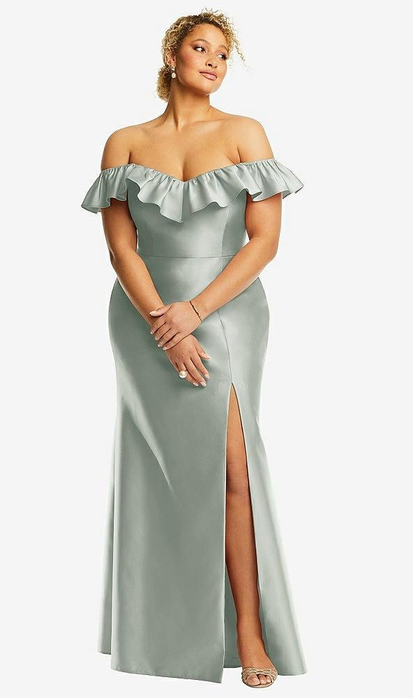 off-the-shoulder ruffle neck satin trumpet gown