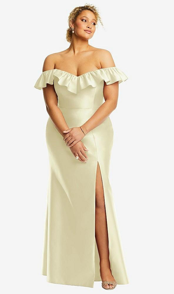 off-the-shoulder ruffle neck satin trumpet gown