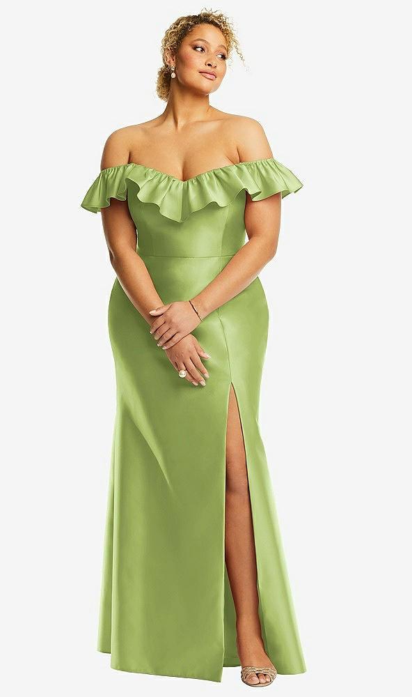 off-the-shoulder ruffle neck satin trumpet gown
