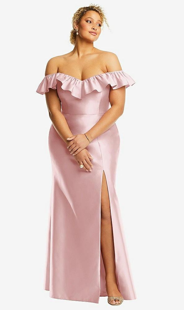 off-the-shoulder ruffle neck satin trumpet gown