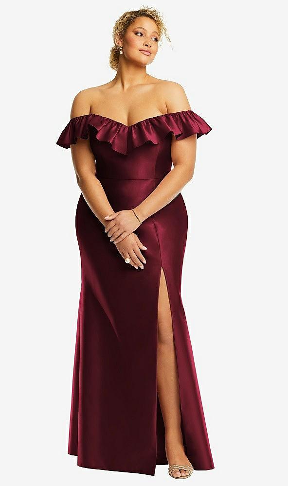 off-the-shoulder ruffle neck satin trumpet gown
