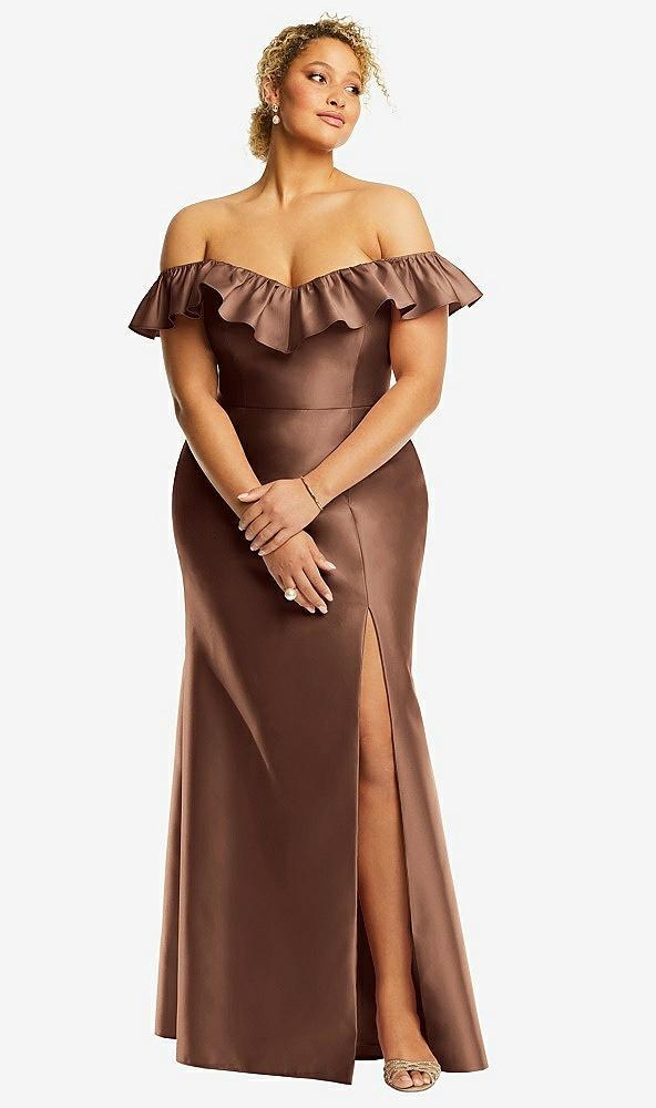 off-the-shoulder ruffle neck satin trumpet gown
