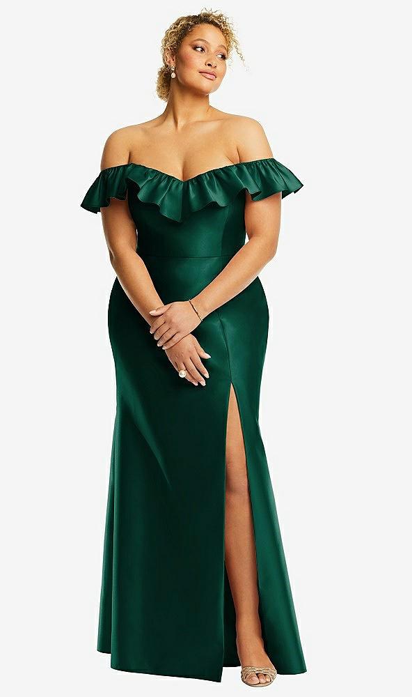 off-the-shoulder ruffle neck satin trumpet gown