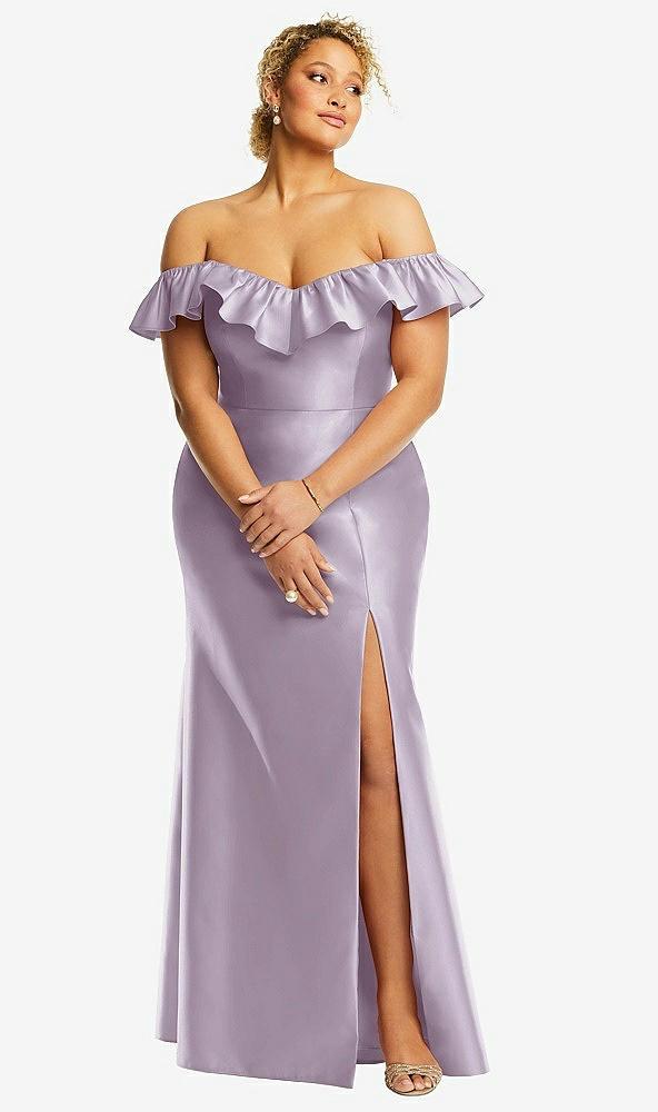 off-the-shoulder ruffle neck satin trumpet gown