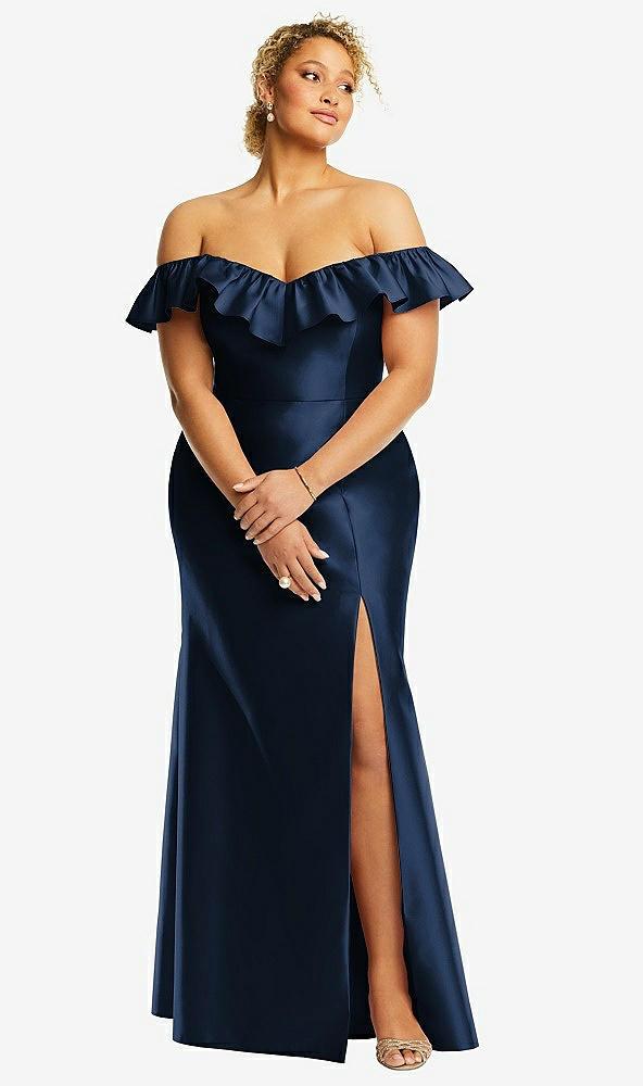 off-the-shoulder ruffle neck satin trumpet gown