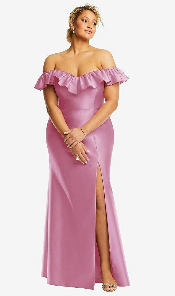 off-the-shoulder ruffle neck satin trumpet gown
