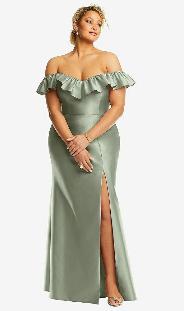 off-the-shoulder ruffle neck satin trumpet gown