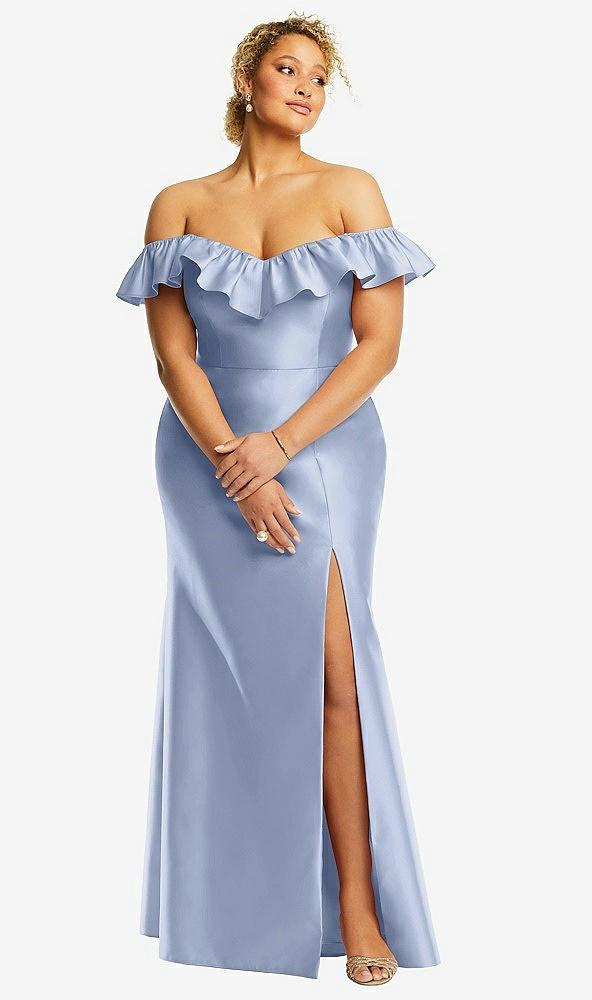 off-the-shoulder ruffle neck satin trumpet gown